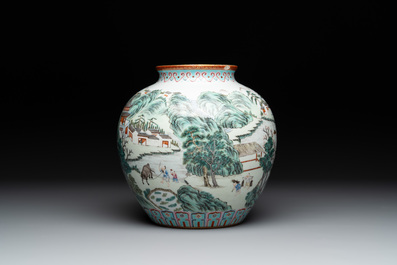 A Chinese famille rose 'fisherman, woodcutter, farmer and scholar 漁樵耕讀圖' vase, Shen De Tang 慎德堂 mark, 19/20th C.