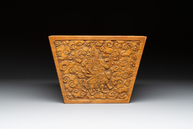 A Chinese huanghuali trapezoidal vessel with four heavenly kings among the clouds, 18th C.