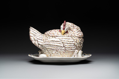 A polychrome French faience 'hen' tureen and cover, Ferri&egrave;re-la-Petite, 18th C.