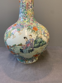 A fine Chinese famille rose 'millefleurs' bottle vase with immortals, Kangxi mark, Republic