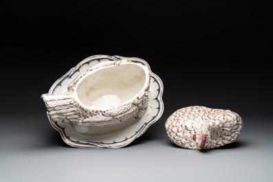 A polychrome French faience 'hen' tureen and cover, Ferri&egrave;re-la-Petite, 18th C.