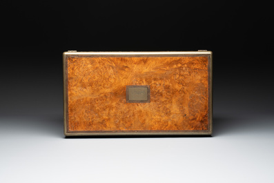 A burlwood- and rosewood veneered travel writing box, Pearce Maker 77 Cornhill London, dated 31st Dec. 1859