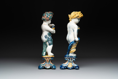 Two polychrome Dutch Delft allegorical figures of the four seasons, 18th C.