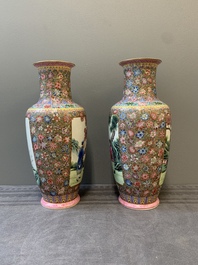 A pair of Chinese famille rose eggshell porcelain rouleau vases, Qianlong mark, Republic