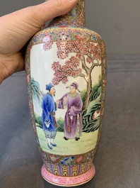 A pair of Chinese famille rose eggshell porcelain rouleau vases, Qianlong mark, Republic