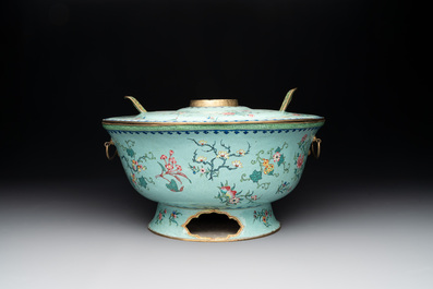 A large Chinese Canton enamel green-ground hot pot with floral design, 18th C.