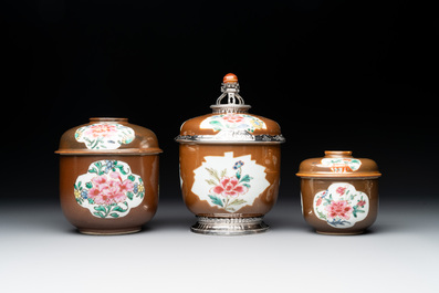 Three Chinese famille rose capucin-brown-ground vases and three covered sugar bowls, 18/19th C.