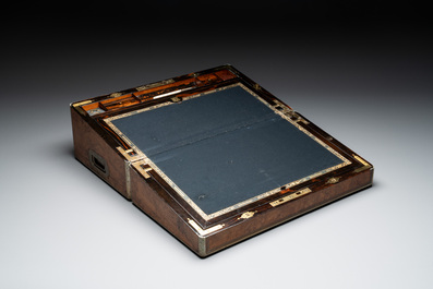 A burlwood- and rosewood veneered travel writing box, Pearce Maker 77 Cornhill London, dated 31st Dec. 1859