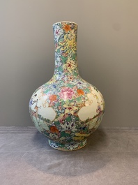 A fine Chinese famille rose 'millefleurs' bottle vase with immortals, Kangxi mark, Republic