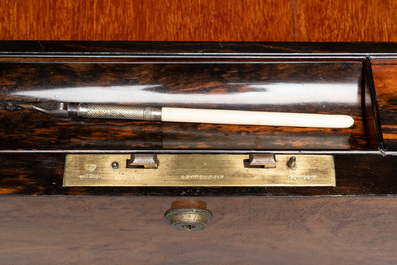 A burlwood- and rosewood veneered travel writing box, Pearce Maker 77 Cornhill London, dated 31st Dec. 1859
