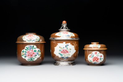 Three Chinese famille rose capucin-brown-ground vases and three covered sugar bowls, 18/19th C.