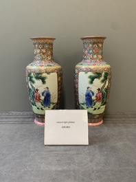 A pair of Chinese famille rose eggshell porcelain rouleau vases, Qianlong mark, Republic