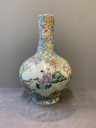 A fine Chinese famille rose 'millefleurs' bottle vase with immortals, Kangxi mark, Republic