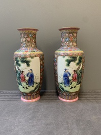 A pair of Chinese famille rose eggshell porcelain rouleau vases, Qianlong mark, Republic