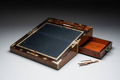 A burlwood- and rosewood veneered travel writing box, Pearce Maker 77 Cornhill London, dated 31st Dec. 1859