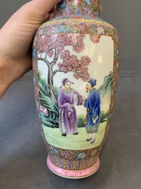 A pair of Chinese famille rose eggshell porcelain rouleau vases, Qianlong mark, Republic