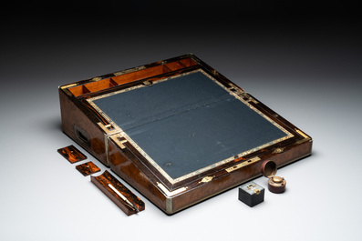A burlwood- and rosewood veneered travel writing box, Pearce Maker 77 Cornhill London, dated 31st Dec. 1859