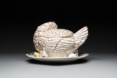 A polychrome French faience 'hen' tureen and cover, Ferri&egrave;re-la-Petite, 18th C.