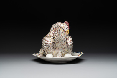 A polychrome French faience 'hen' tureen and cover, Ferri&egrave;re-la-Petite, 18th C.