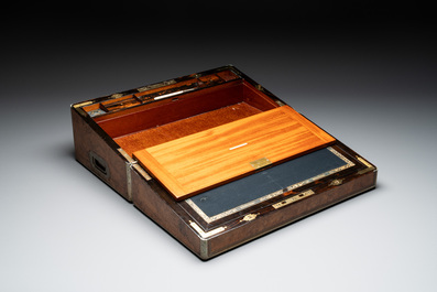 A burlwood- and rosewood veneered travel writing box, Pearce Maker 77 Cornhill London, dated 31st Dec. 1859