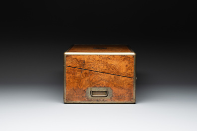 A burlwood- and rosewood veneered travel writing box, Pearce Maker 77 Cornhill London, dated 31st Dec. 1859