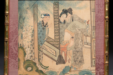 Chinese School: Nine 'erotic' paintings, ink and colour on silk, 19th C.