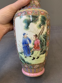 A pair of Chinese famille rose eggshell porcelain rouleau vases, Qianlong mark, Republic