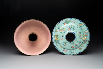 A large Chinese Canton enamel green-ground hot pot with floral design, 18th C.