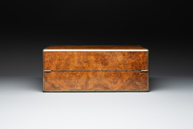 A burlwood- and rosewood veneered travel writing box, Pearce Maker 77 Cornhill London, dated 31st Dec. 1859