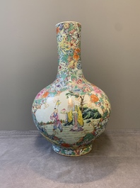 A fine Chinese famille rose 'millefleurs' bottle vase with immortals, Kangxi mark, Republic