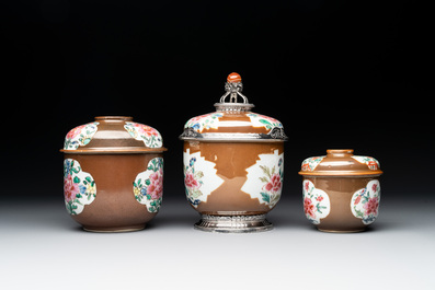 Three Chinese famille rose capucin-brown-ground vases and three covered sugar bowls, 18/19th C.