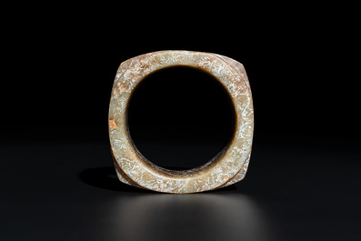 A Chinese archaic russet jade Liangzhu-style cong with a silk covered box, Liangzhu culture, Neolithic period or later