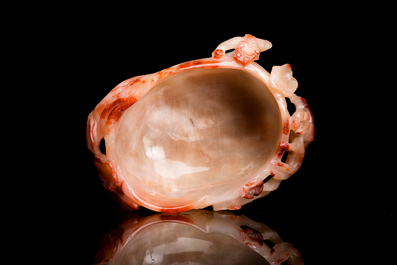 A Chinese agate 'chilong' brush washer and a water pot with Buddhist lions, 19th C.