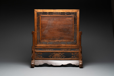 A Vietnamese mother-of-pearl-inlaid wooden 'fishermen' table screen and an embroidered silk 'dragon' panel, 19th C.