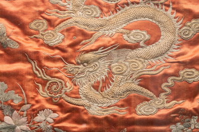 A Vietnamese mother-of-pearl-inlaid wooden 'fishermen' table screen and an embroidered silk 'dragon' panel, 19th C.