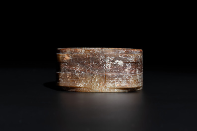 A Chinese archaic russet jade Liangzhu-style cong with a silk covered box, Liangzhu culture, Neolithic period or later
