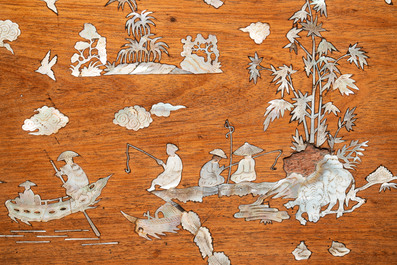 A Vietnamese mother-of-pearl-inlaid wooden 'fishermen' table screen and an embroidered silk 'dragon' panel, 19th C.