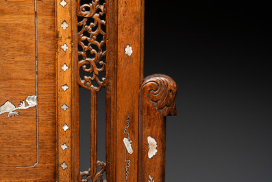 A Vietnamese mother-of-pearl-inlaid wooden 'fishermen' table screen and an embroidered silk 'dragon' panel, 19th C.