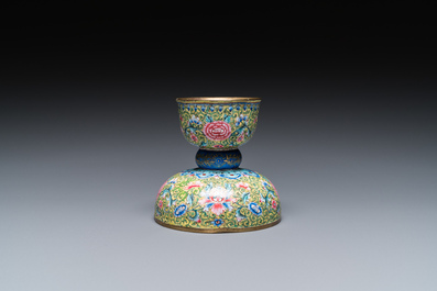 An unusual Chinese yellow-ground Canton enamel spittoon, Qianlong