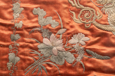 A Vietnamese mother-of-pearl-inlaid wooden 'fishermen' table screen and an embroidered silk 'dragon' panel, 19th C.