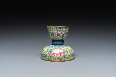 An unusual Chinese yellow-ground Canton enamel spittoon, Qianlong