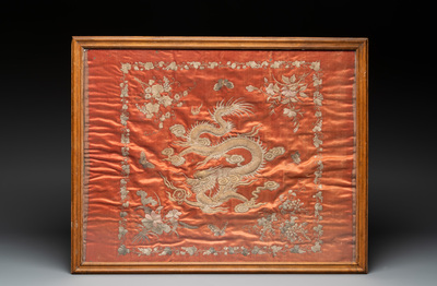 A Vietnamese mother-of-pearl-inlaid wooden 'fishermen' table screen and an embroidered silk 'dragon' panel, 19th C.
