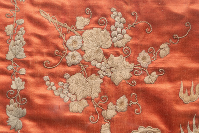 A Vietnamese mother-of-pearl-inlaid wooden 'fishermen' table screen and an embroidered silk 'dragon' panel, 19th C.