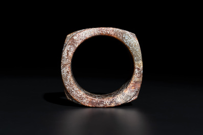 A Chinese archaic russet jade Liangzhu-style cong with a silk covered box, Liangzhu culture, Neolithic period or later
