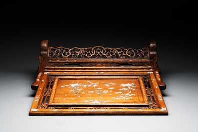 A Vietnamese mother-of-pearl-inlaid wooden 'fishermen' table screen and an embroidered silk 'dragon' panel, 19th C.