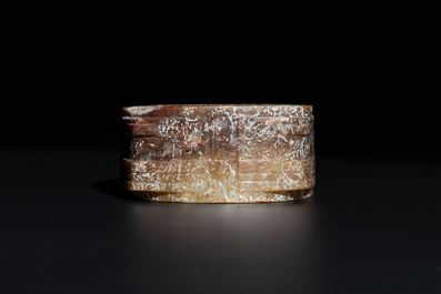 A Chinese archaic russet jade Liangzhu-style cong with a silk covered box, Liangzhu culture, Neolithic period or later