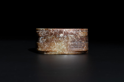A Chinese archaic russet jade Liangzhu-style cong with a silk covered box, Liangzhu culture, Neolithic period or later