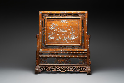 A Vietnamese mother-of-pearl-inlaid wooden 'fishermen' table screen and an embroidered silk 'dragon' panel, 19th C.