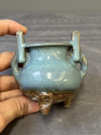 A Chinese junyao purple-splashed tripod censer and a Cizhou brush washer, Ming