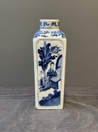 A Chinese blue and white square flask and cover with figural design, Kangxi